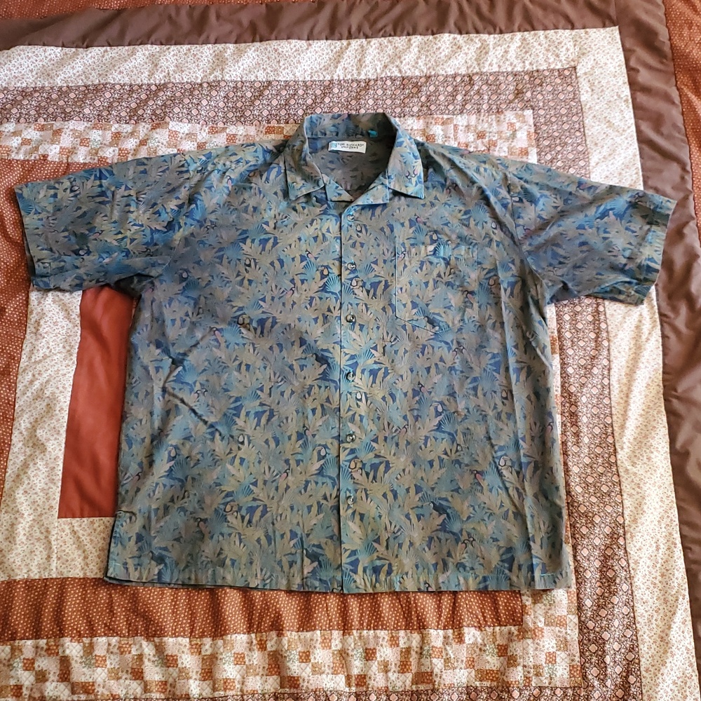 TORI RICHARD UNIFORMS HAWAIIAN SHIRT SIZE XL Army Green Blue Tropical Birds GUC